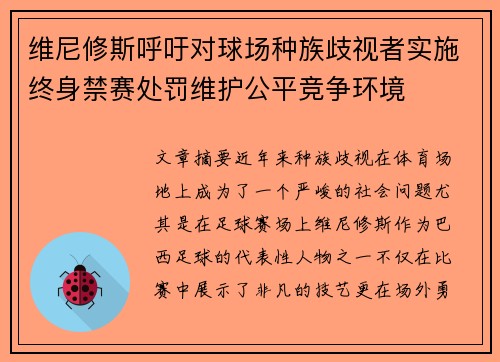 维尼修斯呼吁对球场种族歧视者实施终身禁赛处罚维护公平竞争环境